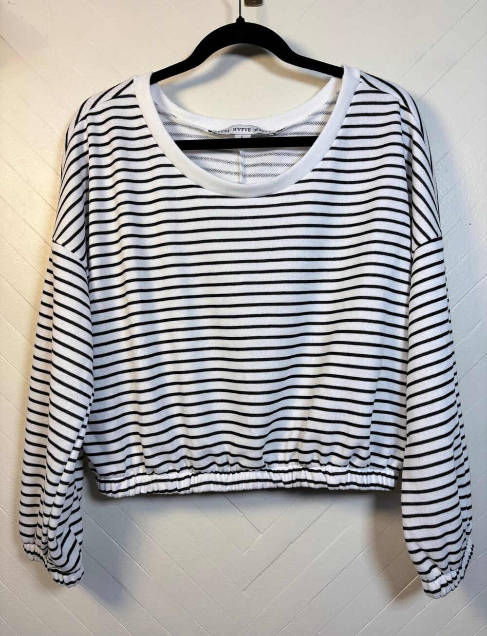 Hyfve Striped Crop Top Womens Large Balloon Sleeve Stretch Waist Casual Blouse